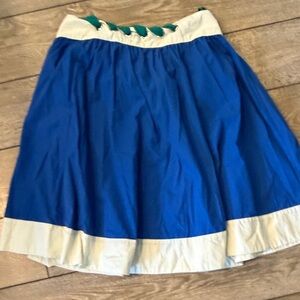 Anthropologie Blue Skirt with White Trim and Green Lace-Up Waist
